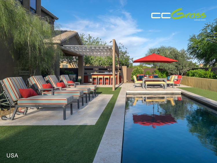 CCGrass, poolside patio with turf landscaping